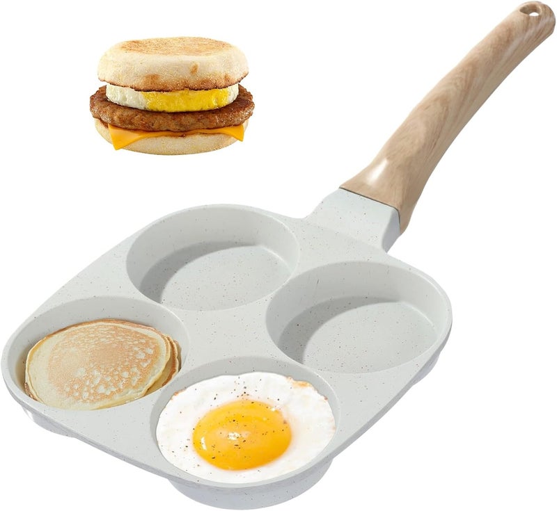 4-Cup Egg Pan, 7.3 In Nonstick Pancake Frying Pan With Wood Grain Handle, Compatible With Gas & Induction Stoves, Beige, For Fried Eggs & Burgers - Image 1