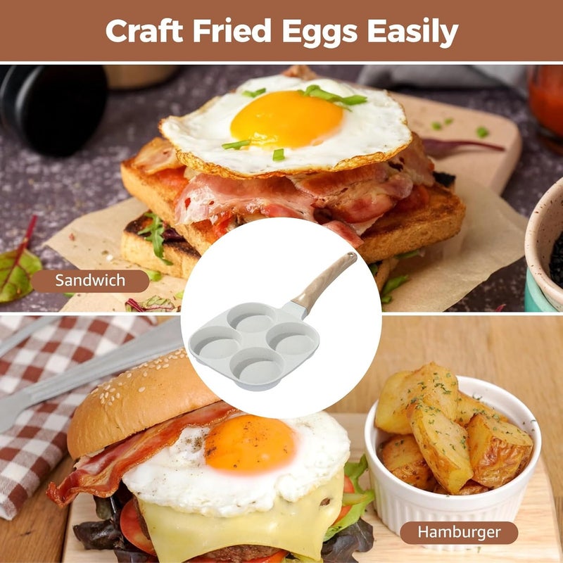 4-Cup Egg Pan, 7.3 In Nonstick Pancake Frying Pan With Wood Grain Handle, Compatible With Gas & Induction Stoves, Beige, For Fried Eggs & Burgers - Image 3