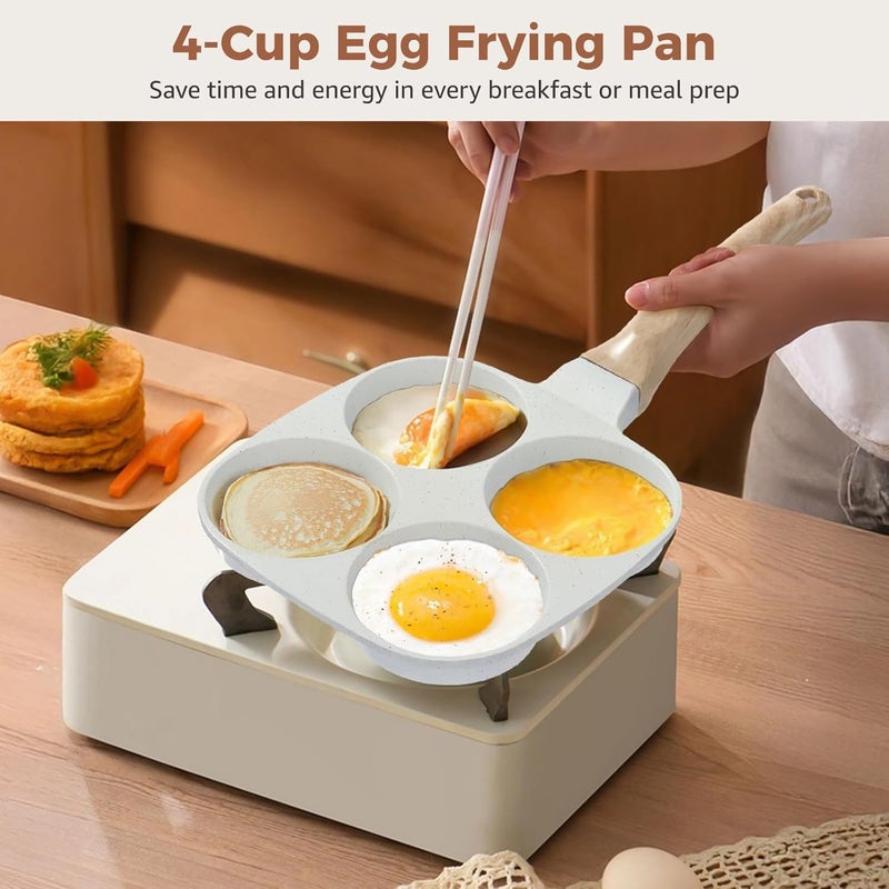 4-Cup Egg Pan, 7.3 In Nonstick Pancake Frying Pan With Wood Grain Handle, Compatible With Gas & Induction Stoves, Beige, For Fried Eggs & Burgers - Image 4