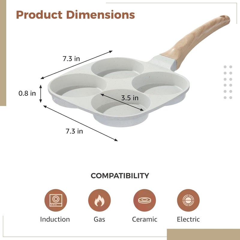 4-Cup Egg Pan, 7.3 In Nonstick Pancake Frying Pan With Wood Grain Handle, Compatible With Gas & Induction Stoves, Beige, For Fried Eggs & Burgers - Image 5