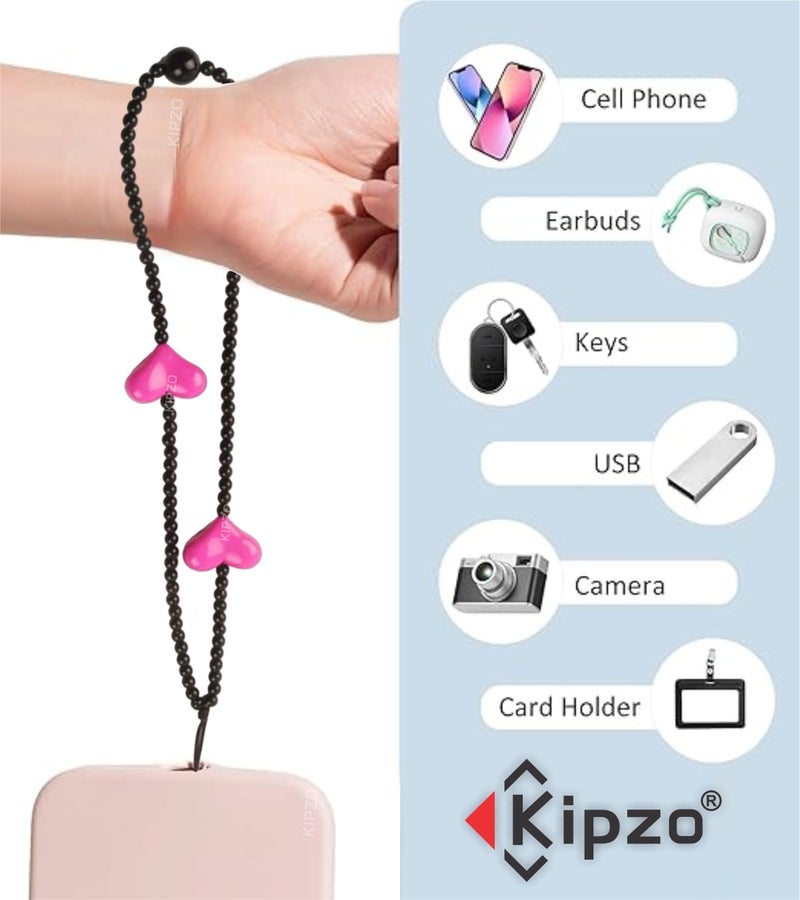 KIPZO® Pink Heart beads black phone charms aesthetic mobile cover string hanging jewellery good luck lanyard cute bracelet for women girls kids Handmade Acrylic pearl beaded cord wrist strap rope - Image 2