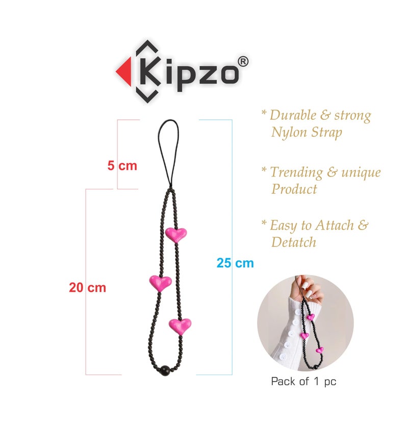 KIPZO® Pink Heart beads black phone charms aesthetic mobile cover string hanging jewellery good luck lanyard cute bracelet for women girls kids Handmade Acrylic pearl beaded cord wrist strap rope - Image 4