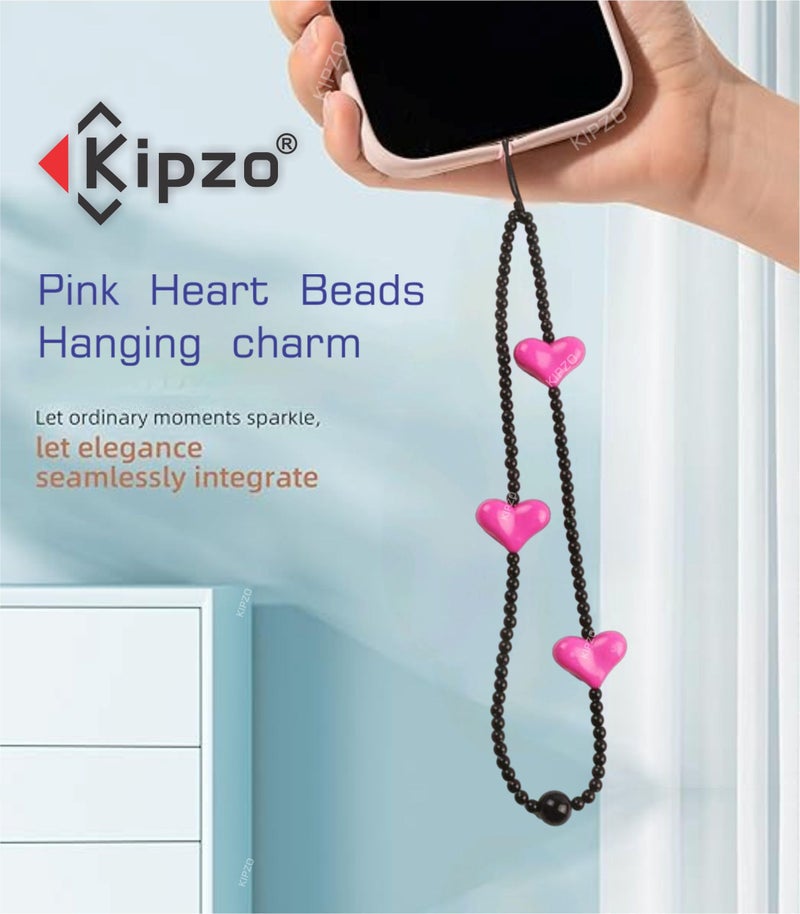 KIPZO® Pink Heart beads black phone charms aesthetic mobile cover string hanging jewellery good luck lanyard cute bracelet for women girls kids Handmade Acrylic pearl beaded cord wrist strap rope - Image 3