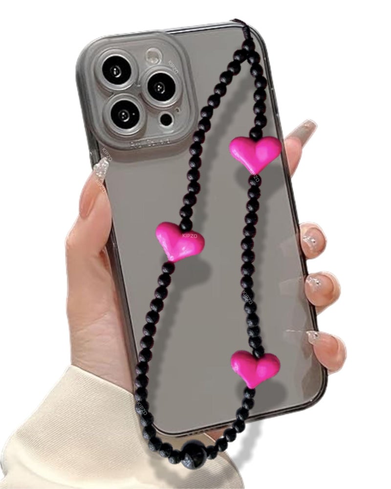 KIPZO® Pink Heart beads black phone charms aesthetic mobile cover string hanging jewellery good luck lanyard cute bracelet for women girls kids Handmade Acrylic pearl beaded cord wrist strap rope - Image 1