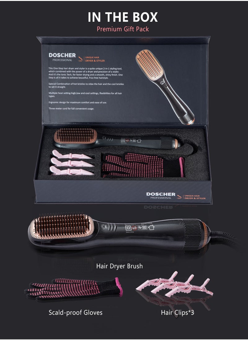 DOSCHER - 1200 Watt Hair Dryer Brush Ceramic Dryer And Styler 2 In 1 Professional Black/Beige Gift box packaging - Image 1