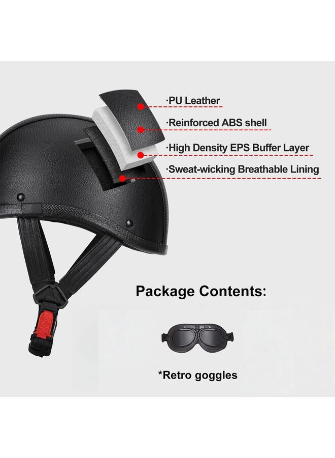 خوذة دراجة نارية جلدية مصنوعة يدويًا، خوذة نصف وجه كلاسيكية، للبالغين، للرجال والنساء، خوذة خفيفة الوزن مفتوحة الوجه، نصف وجه كلاسيكية، للدراجات النارية والسكوتر (أسود كبير جدًا). - Image 2
