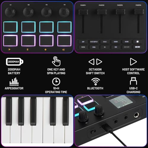 M-Wave M-VAVE 37 Key USB MIDI Keyboard Controller With 16 Backlit Drum Pads, Bluetooth Semi Weighted Professional dynamic keybed 8 Knobs and Music Production,Software Included (37 Key Black) - Image 5
