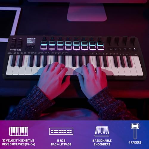 M-Wave M-VAVE 37 Key USB MIDI Keyboard Controller With 16 Backlit Drum Pads, Bluetooth Semi Weighted Professional dynamic keybed 8 Knobs and Music Production,Software Included (37 Key Black) - Image 4