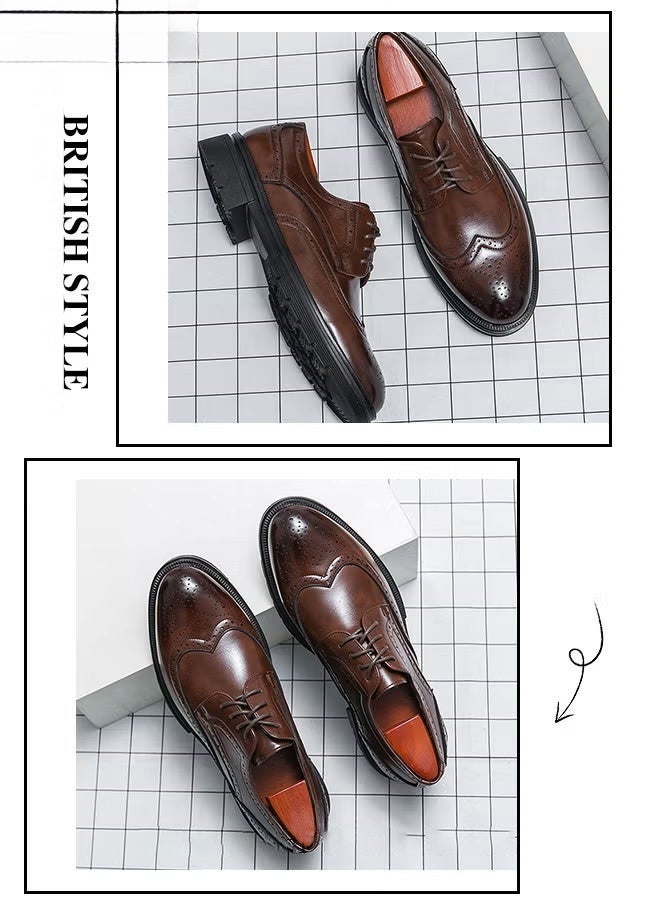 Formal PU Leather Shoes for Men Round Toe Brogue Pattern Breathable Non Slip Shoes Mens Burnished Premium Textured Dress Shoes Brown Business Casual Wedding Party Brown - Image 2
