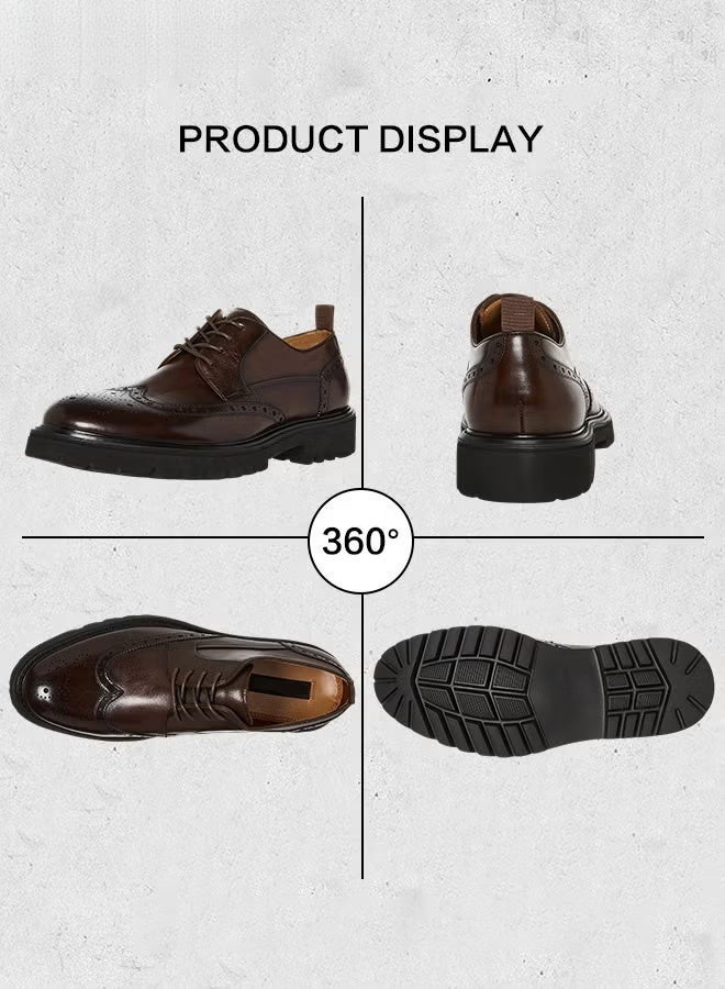 Formal PU Leather Shoes for Men Round Toe Brogue Pattern Breathable Non Slip Shoes Mens Burnished Premium Textured Dress Shoes Brown Business Casual Wedding Party Brown - Image 3