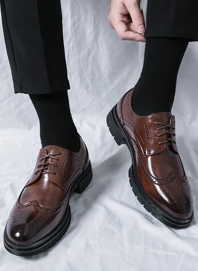 Formal PU Leather Shoes for Men Round Toe Brogue Pattern Breathable Non Slip Shoes Mens Burnished Premium Textured Dress Shoes Brown Business Casual Wedding Party Brown - Image 1