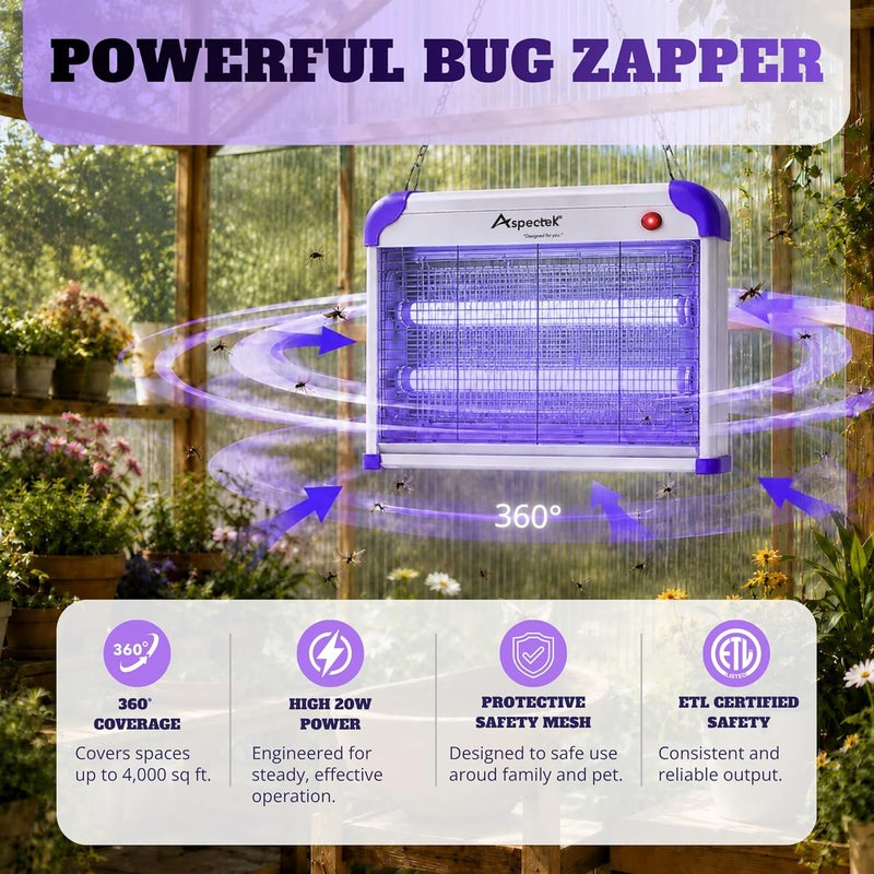 ASPECTEK Purple Electric Insect Killer, 2800V Mosquito Lamp with 20W UV Lamp. Kills Mosquitoes, Moths, Flies. Comes with 2 Replacement Bulbs, ideal for Household - Image 4