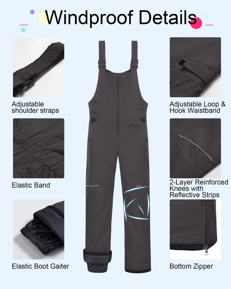 CREATMO US Boys Snow Bibs Girls Ski Pants Kids Limitless Fleece Top Bib Overalls Grey 4/5 - Image 3