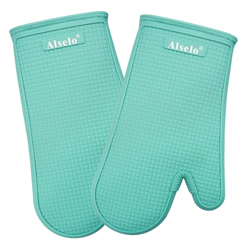 Alselo Oven Mitts Heat Resistant Silicone Kitchen Gloves for 550 Degrees with Waterproof and NonSilp Set of 2 Oven Gloves for Baking Cooking Barbecue Microwave Machine Washable Blue 2