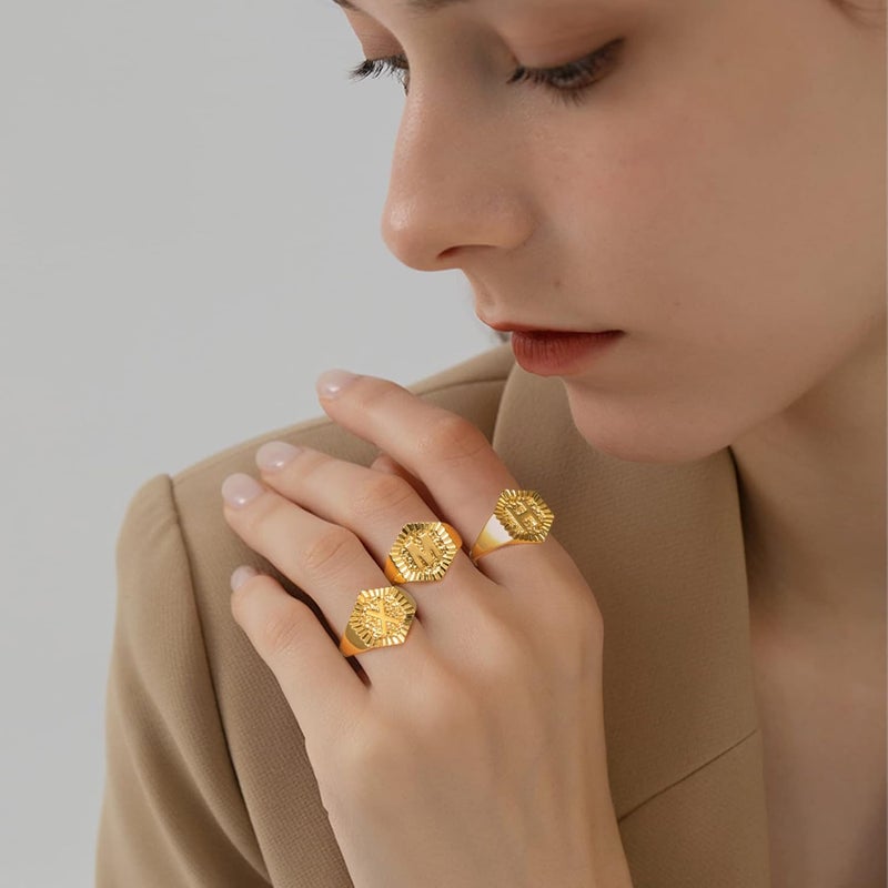 KeyStyle Bold Initial Letter Rings Adjustable, GoldChic Jewelry Women Gold Statement Ring Personalized Engraved Women’s Open Signet Ring for Party (Gold, White Gold, Black) - Image 2