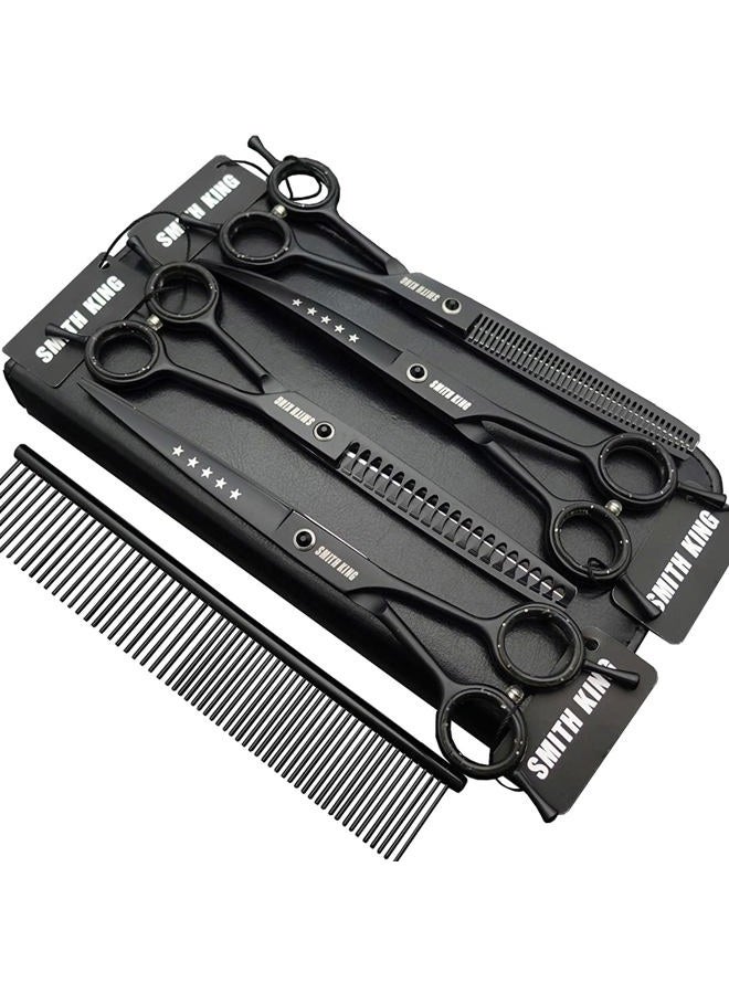 Smithking 7.0 inches Professional Dog Grooming Scissors Set Straight & thinning & Curved & chunkers & comb 5pcs in 1 Set for left-handed & right handed Black - Image 1