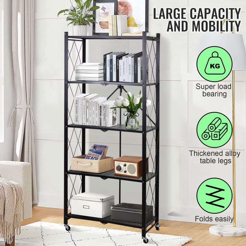 SKY-TOUCH Foldable Storage Organizer 5 Tier, Storage Shelves Kitchen Cabinet Storage Rack, Shelf Storage Multipurpose Rack for Living Room Bedroom Kitchen Garage Black 71x34x175cm - Image 3