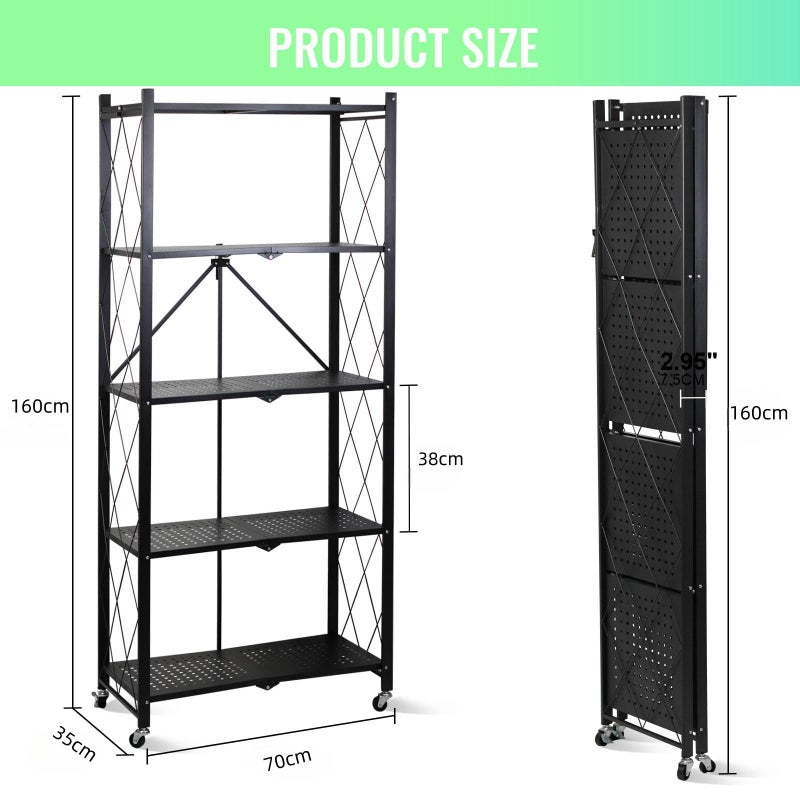 SKY-TOUCH Foldable Storage Organizer 5 Tier, Storage Shelves Kitchen Cabinet Storage Rack, Shelf Storage Multipurpose Rack for Living Room Bedroom Kitchen Garage Black 71x34x175cm - Image 4