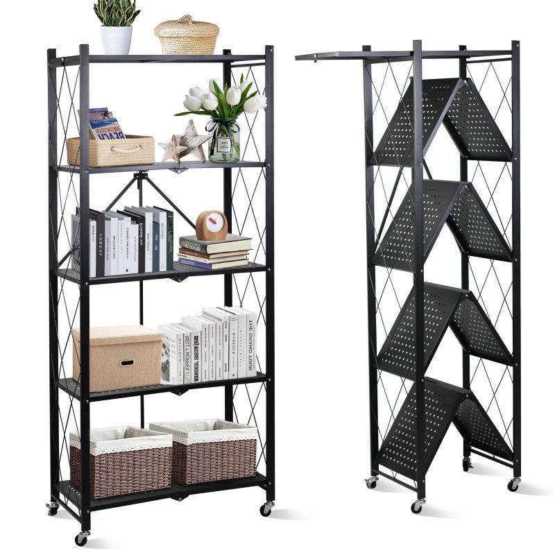 SKY-TOUCH Foldable Storage Organizer 5 Tier, Storage Shelves Kitchen Cabinet Storage Rack, Shelf Storage Multipurpose Rack for Living Room Bedroom Kitchen Garage Black 71x34x175cm - Image 1
