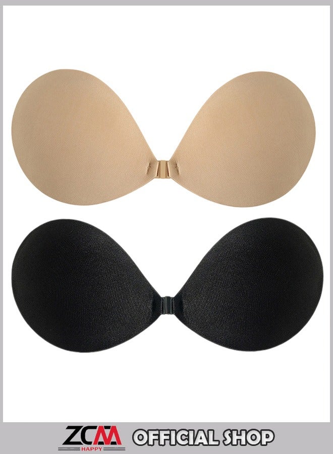 ZCM-HAPPY 2 Piece Women Push Up Backless Silicone Front Closure Invisible Bra – Strapless, Adhesive, Round Cup and Self-Adhesive Nipple Cover - Image 1