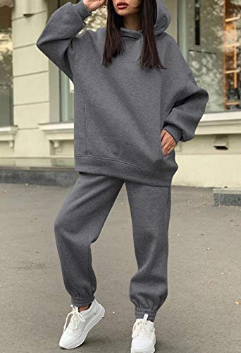 Fixmatti Women 2 Piece Hoodies Joggers Sets Sweatshirts and Sweatpants Hooded Sport Tracksuit Dark Grey S - Image 2