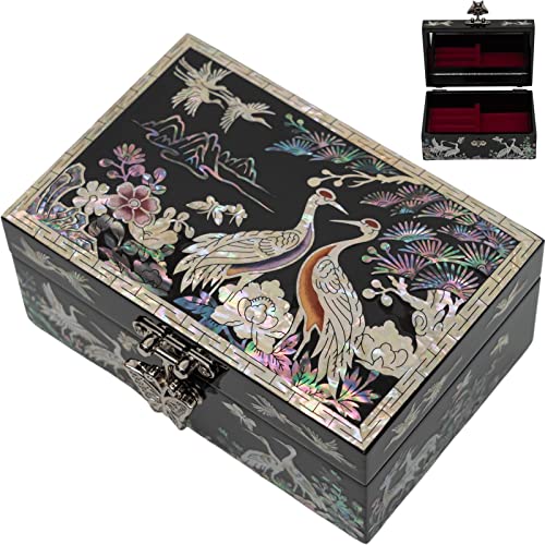 February Mountain Mother of Pearl Small Jewelry Box for women - Handmade Made in Korea - Unique Gift ideas for Mom,Girl friend,Sister,Grandma Birthday, Anniversary, Christmas (Crane) - Image 1