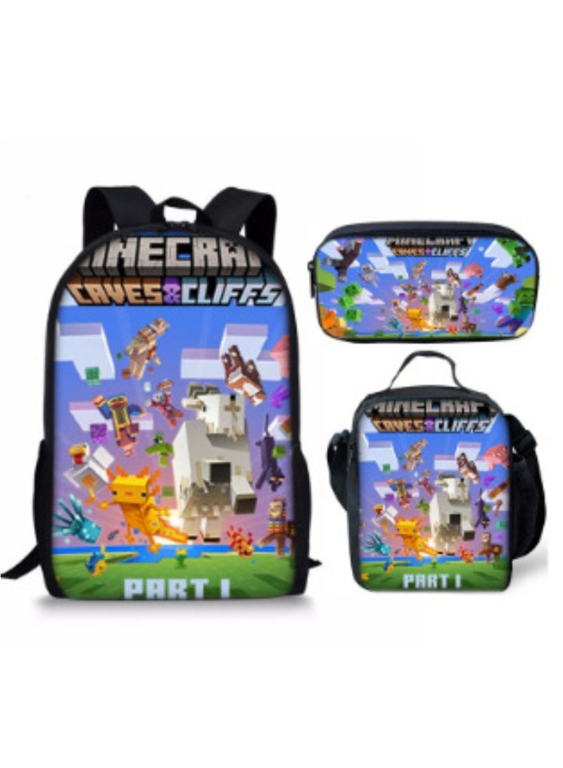 MINECRAFT Digital Printing Large Capacity Backpack Three piece Set Lunch Bag Pen Bag Polyester Comfortable Load Reducing Backpack for Students and Children Unisex - Image 1