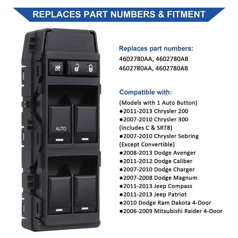 Obaee Power Window Switch Front Left Driver Side, Compatible with 2008-2013 Dodge Avenger Caliber Charger Magnum Dakota 07-10 Chrysler 200 300 Sebring 11-13 Jeep Compass Patriot 4602780AA, 4602780AB - Image 4