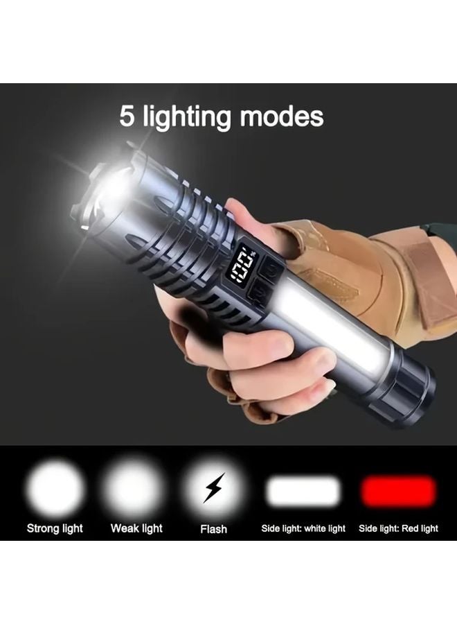 1pc Bright USB Rechargeable LED Flashlight Zoomable 5 Modes Side Lamp Power Display - Image 4
