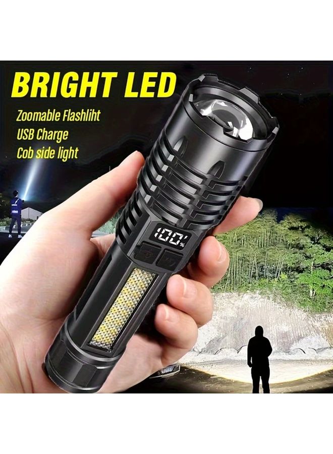 1pc Bright USB Rechargeable LED Flashlight Zoomable 5 Modes Side Lamp Power Display - Image 2