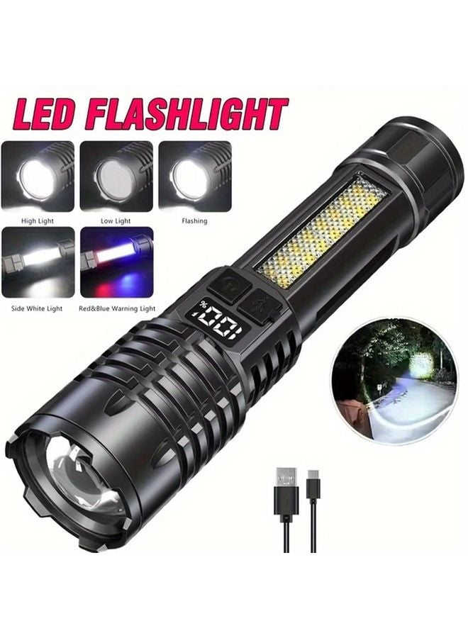 1pc Bright USB Rechargeable LED Flashlight Zoomable 5 Modes Side Lamp Power Display - Image 5