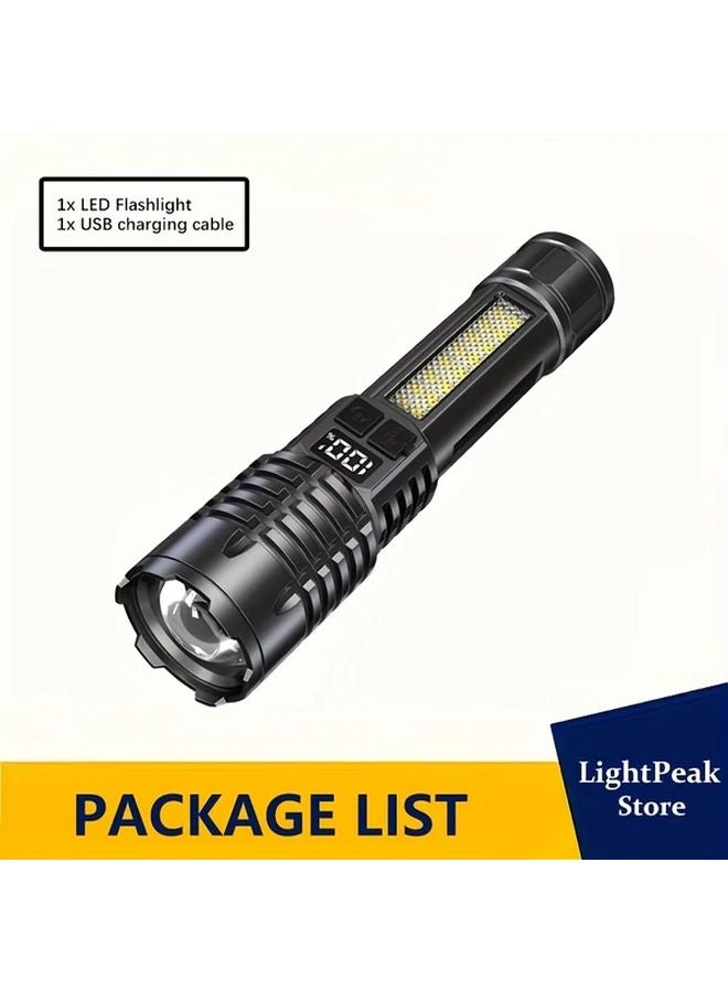 1pc Bright USB Rechargeable LED Flashlight Zoomable 5 Modes Side Lamp Power Display - Image 1