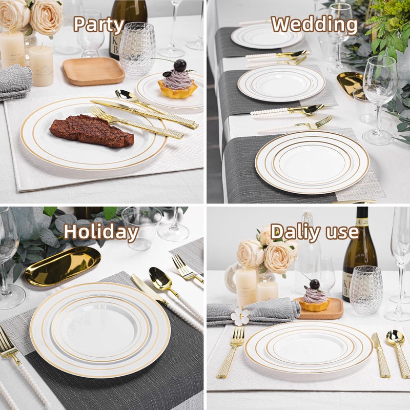 QualQuot 200PCS White Plastic Plates with Gold Rim, Disposable Heavy Duty Plastic Plate, 100 Dinner and 100 Dessert Plates for Party and Wedding - Image 5