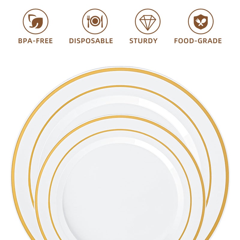 QualQuot 200PCS White Plastic Plates with Gold Rim, Disposable Heavy Duty Plastic Plate, 100 Dinner and 100 Dessert Plates for Party and Wedding - Image 3