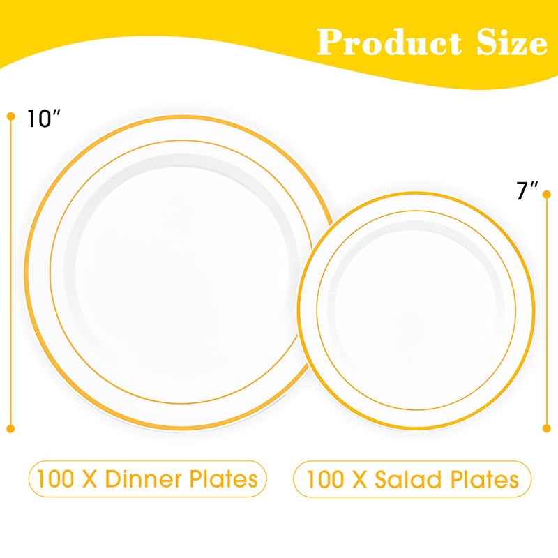 QualQuot 200PCS White Plastic Plates with Gold Rim, Disposable Heavy Duty Plastic Plate, 100 Dinner and 100 Dessert Plates for Party and Wedding - Image 2
