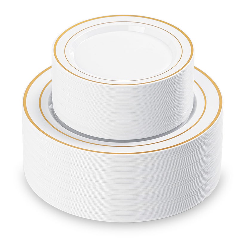 QualQuot 200PCS White Plastic Plates with Gold Rim, Disposable Heavy Duty Plastic Plate, 100 Dinner and 100 Dessert Plates for Party and Wedding - Image 1