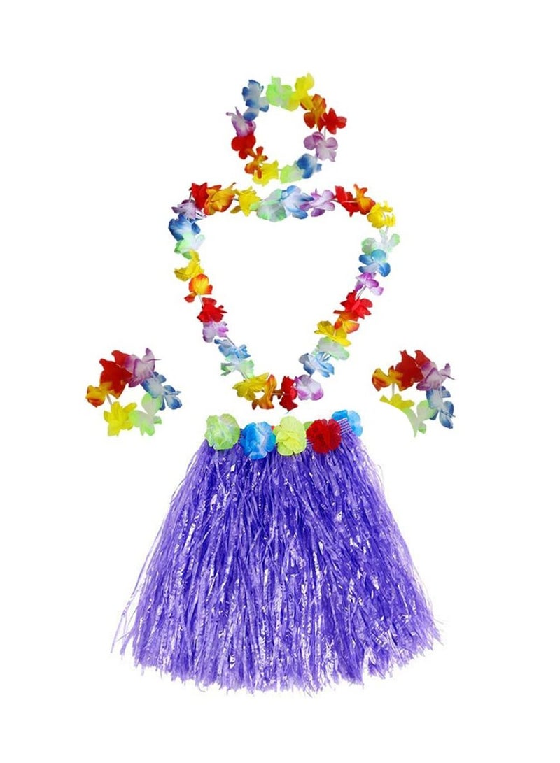 Party Time 5pcs Set of Purple Hula Hawaiian Skirt Costume - Image 1
