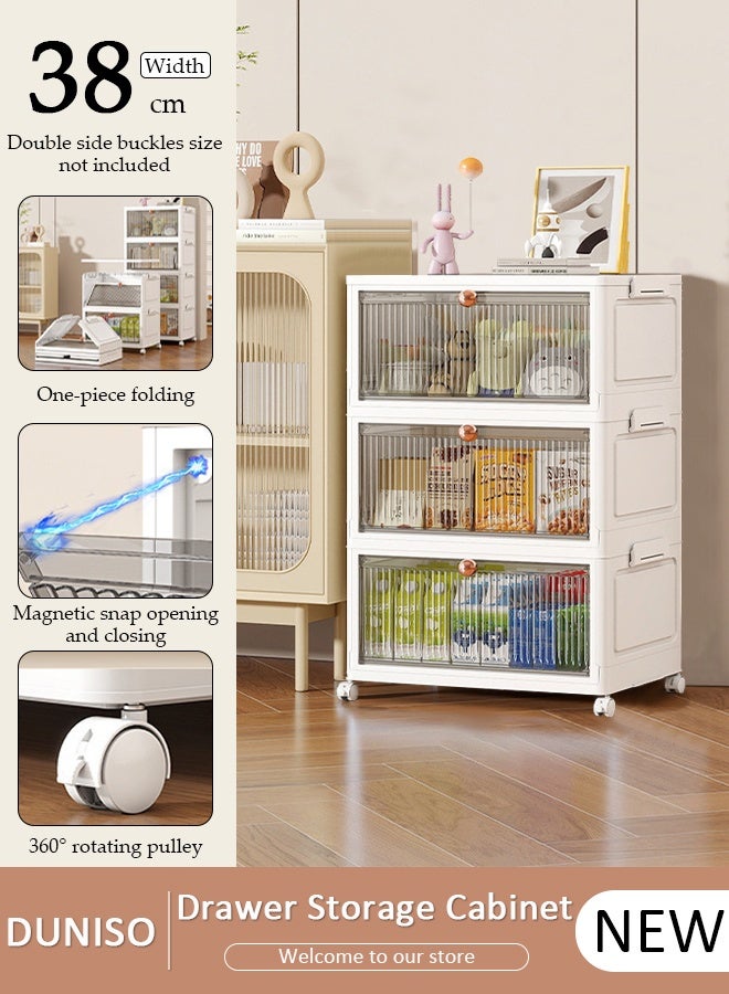 DUNISO Lidded Storage Bin,Plastic Folding Storage Cabinet with Doors，3 Layers Stackable Storage Bins with Wheels,Portable Storage for Kitchen, Study, Living Room, Bedroom, Bathroom - Image 1