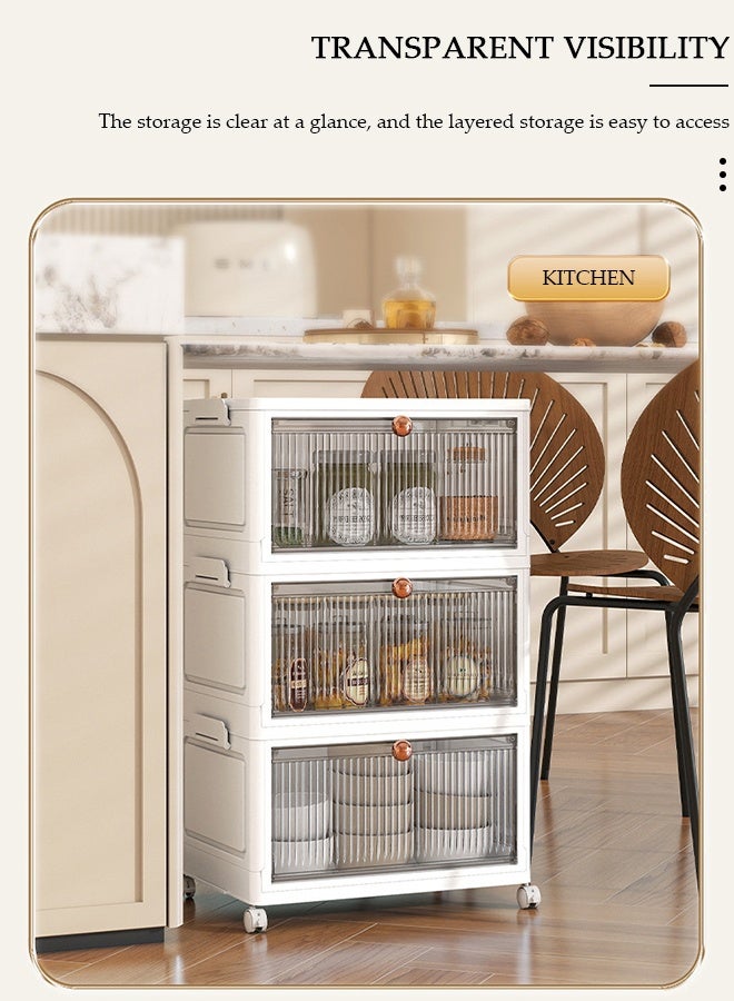 DUNISO Lidded Storage Bin,Plastic Folding Storage Cabinet with Doors，3 Layers Stackable Storage Bins with Wheels,Portable Storage for Kitchen, Study, Living Room, Bedroom, Bathroom - Image 3