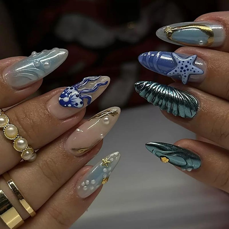 CTTHNBD Almond Press On Nails - Medium Blue False Nails with 3D Ocean Design, Glossy Full Cover Stick On Nails - 24 Pcs - Image 1