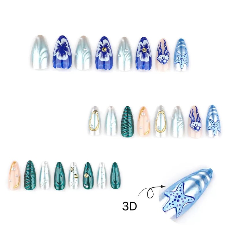 CTTHNBD Almond Press On Nails - Medium Blue False Nails with 3D Ocean Design, Glossy Full Cover Stick On Nails - 24 Pcs - Image 2