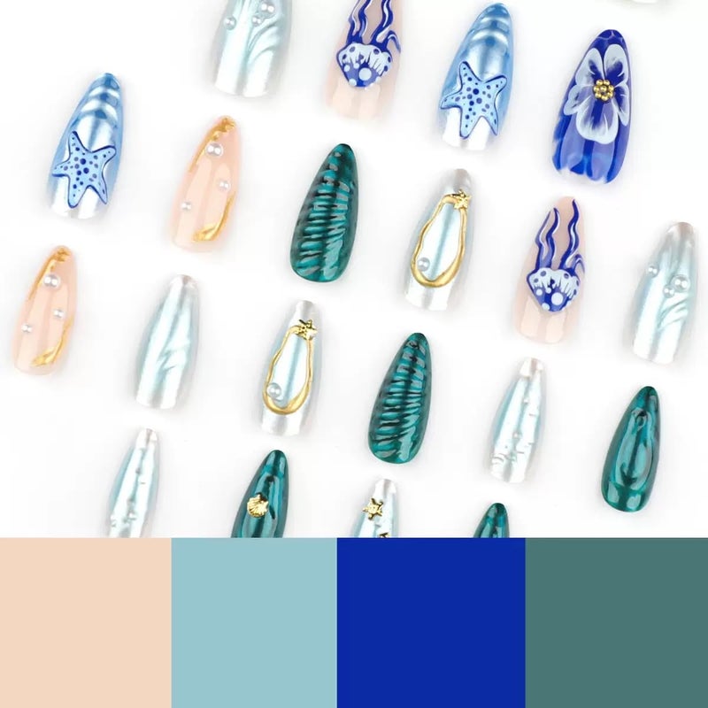 CTTHNBD Almond Press On Nails - Medium Blue False Nails with 3D Ocean Design, Glossy Full Cover Stick On Nails - 24 Pcs - Image 4