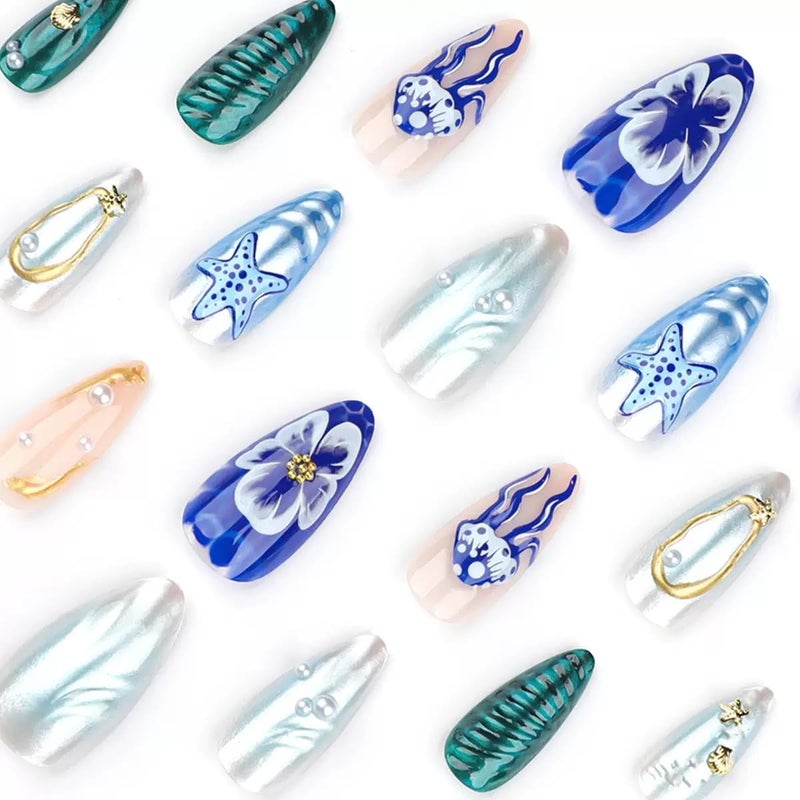 CTTHNBD Almond Press On Nails - Medium Blue False Nails with 3D Ocean Design, Glossy Full Cover Stick On Nails - 24 Pcs - Image 3