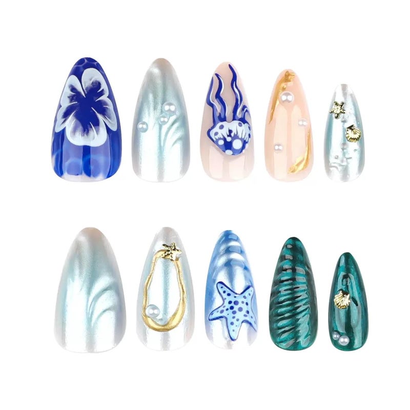 CTTHNBD Almond Press On Nails - Medium Blue False Nails with 3D Ocean Design, Glossy Full Cover Stick On Nails - 24 Pcs - Image 5