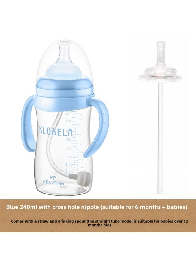 Bao Straw Bottle Baby Bottle Baby Wide Caliber 1-3 Years Old Special Direct Drink Cup Anti-fall Children's Water Cup Wholesale-Color:240ml With Cross Hole-Capacity:Blue + Direct Drinking Double Hole Faucet + Straw  - Image 1