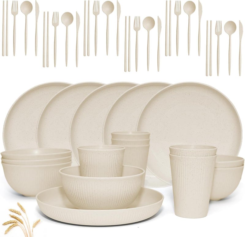 DAPIPIK Wheat Straw Dinnerware Sets - 42 Piece Unbreakable Dinnerware Sets for 6, Kitchen Plates and Bowls Set, Lightweight Camping Plates Cups and Bowls Set.Dishwasher Microwave Safe Dinnerware - Image 1