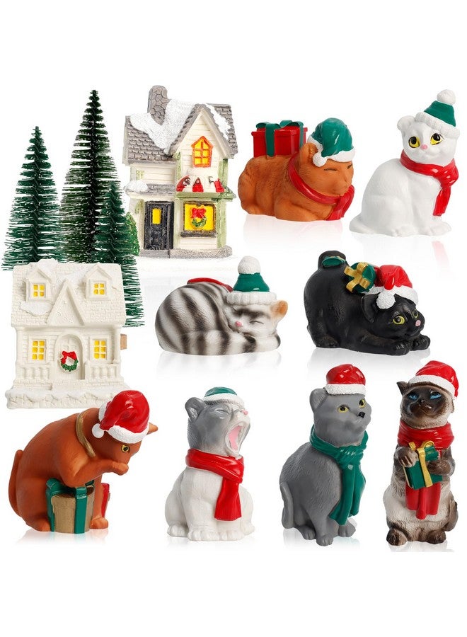 Bbiamsleep Christmas Cat Figurines With Christmas Houses Village Accessories, Resin Cat Figurine With Christmas Scarf Hat Ornament For Home Holiday Decor Christmas Scene, Set Of 13 - Image 1