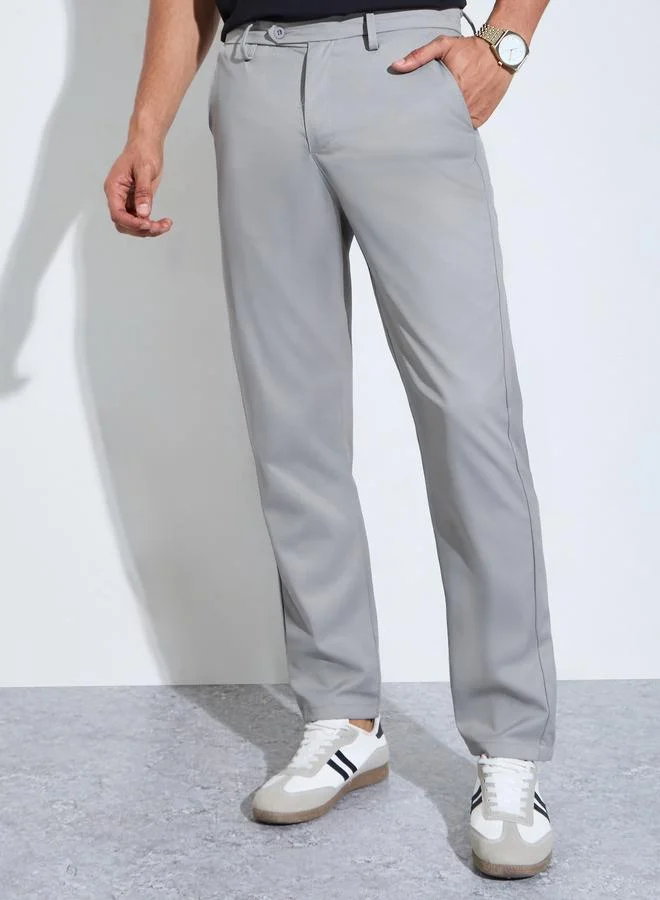Grey Solid Slim Fit Stretch Formal Trousers