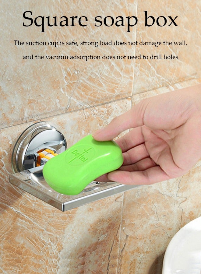 DUNISO 2 Pieces of Soap holder, wall mounted non perforated plastic soap box, square soap container ，with suction cup, bottom drainage design, suitable for toilet，bathroom, bathtub, kitchen sink，silver  - Image 2