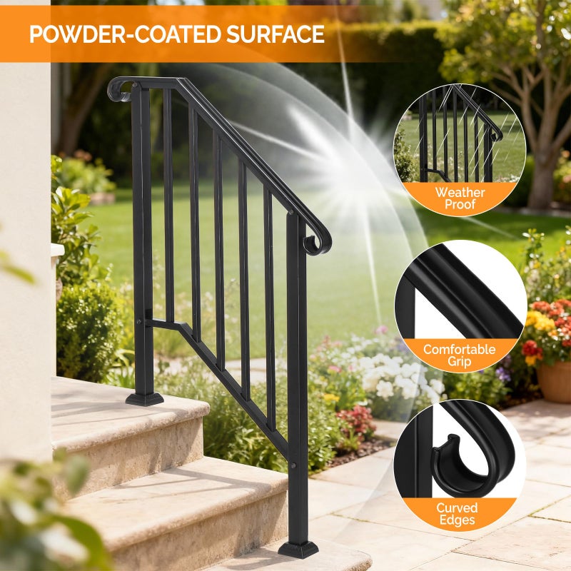 VINGLI Handrails for Outdoor Step, Stair Handrail Fits 1 to 5 Steps, Wrought Iron Hand Rail Stair Railing Kit for Concrete/Porch/Wooden Steps (Black, 2 to 3 Steps) - Image 2